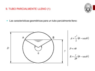 9. TUBO PARCIALMENTE LLENO (1)
 Las características geométricas para un tubo parcialmente lleno:
 