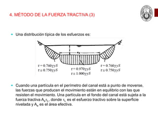 4. MÉTODO DE LA FUERZA TRACTIVA (3)
 Una distribución típica de los esfuerzos es:
 Cuando una partícula en el perímetro del canal está a punto de moverse,
las fuerzas que producen el movimiento están en equilibrio con las que
resisten el movimiento. Una partícula en el fondo del canal está sujeta a la
fuerza tractiva AetL, donde tL es el esfuerzo tractivo sobre la superficie
nivelada y Ae es el área efectiva.
 