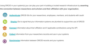 Using ORCID in your system(s),you can play your part in building a trusted research infrastructure by asserting
the connection between researchers and scholars and their affiliation with your organization.
Authenticate ORCID iDs for your researchers, employees, members, and students with oauth
Display iDs to signal that your information systems are plumbed to support the use of ORCID
Connect information about their affiliation and if applicable contributions using the API
Collect information from your researchers records and use in your systems
Synchronize information between ORCID records and your systems
 