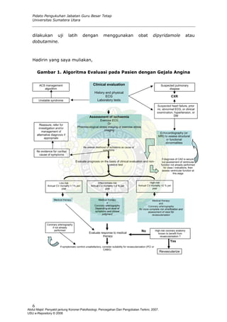 Pidato Pengukuhan Jabatan Guru Besar Tetap
Universitas Sumatera Utara
dilakukan uji latih dengan menggunakan obat dipyridamole atau
dobutamine.
Hadirin yang saya muliakan,
Gambar 1. Algoritma Evaluasi pada Pasien dengan Gejala Angina
Clinical evaluationACS management
algorithm
Suspected pulmonary
disease
History and physical
ECG CXR
Laboratory testsUnstable syndrome
Suspected heart failure, prior
mi, abnormal ECG, or clinical
examination, hypertension, or
DMAssessment of ischaemia
Exercise ECG
OrReassure, refer for
investigation and/or
management of
alternative diagnosis if
appropriate
Pharmacological stress imaging or exercise stress
imaging
Echocardiography (or
MRI) to assess structural
or functional
abnormalities
Re-assess likelihood of ischaemia as cause of
symptoms
No evidence for cardiac
cause of symptoms
If diagnosis of CAD is secure,
but assessment of ventricular
function not already performed
for class I indications, then
assess ventricular function at
this stage
Evaluate prognosis on the basis of clinical evaluation and non-
invasive test
High-riskIntermediate-riskLow-risk
Annual CV mortality >2 % per
year
Annual CV mortality 1-2 % per
year
Annual CV mortality < 1% per
year
Medical therapy Medical therapy
±
Coronary arteriography
Depending on level of
symptoms and clinical
judgment
Medical therapy
and
Coronary arteriography
for more complete risk stratification and
assessment of need for
revascularizaton
Coronary arteriography
if not already
performed High-risk coronary anatomy
known to benefit from
revascularisation ?
Evaluate response to medical
therapy
Yes
If symptomatic comtrol unsatisfactory, consider suitability for revascularization (PCI or
CABG)
No
Revascularize
6
Abdul Majid: Penyakit jantung Koroner:Patofisiologi, Pencegahan Dan Pengobatan Terkini, 2007.
USU e-Repository © 2008
 