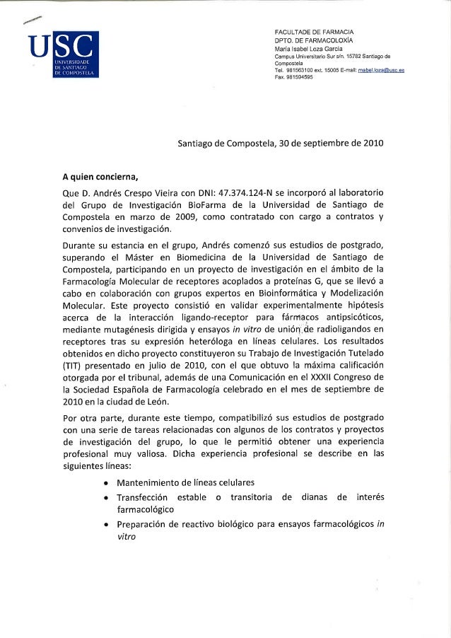 Recommendation Letter. Andres Crespo. Pharmacy with ...