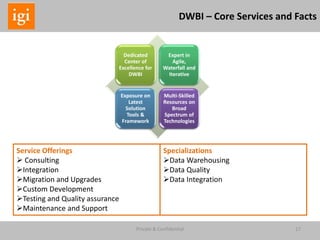 17Private & Confidential
DWBI – Core Services and Facts
Dedicated
Center of
Excellence for
DWBI
Expert in
Agile,
Waterfall and
Iterative
Exposure on
Latest
Solution
Tools &
Framework
Multi-Skilled
Resources on
Broad
Spectrum of
Technologies
Service Offerings
 Consulting
Integration
Migration and Upgrades
Custom Development
Testing and Quality assurance
Maintenance and Support
Specializations
Data Warehousing
Data Quality
Data Integration
 