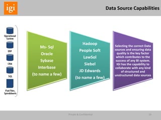 19Private & Confidential
Data Source Capabilities
Ms- Sql
Oracle
Sybase
Interbase
(to name a few)
Hadoop
People Soft
LawSol
Siebel
JD Edwards
(to name a few)
Selecting the correct Data
sources and ensuring data
quality is the key factor
which contributes to the
success of any BI system.
IGI has the capability to
collaborate with any kind
of structured and
unstructured data sources
 