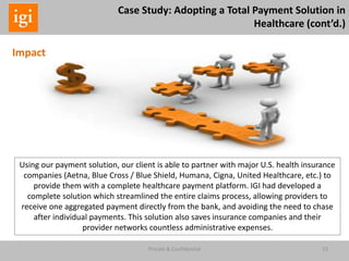 23Private & Confidential
Using our payment solution, our client is able to partner with major U.S. health insurance
companies (Aetna, Blue Cross / Blue Shield, Humana, Cigna, United Healthcare, etc.) to
provide them with a complete healthcare payment platform. IGI had developed a
complete solution which streamlined the entire claims process, allowing providers to
receive one aggregated payment directly from the bank, and avoiding the need to chase
after individual payments. This solution also saves insurance companies and their
provider networks countless administrative expenses.
Case Study: Adopting a Total Payment Solution in
Healthcare (cont’d.)
Impact
 