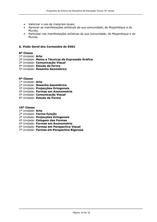 Programa de Ensino da Disciplina de Educação Visual, 8ª classe
Página 10 de 16
Valorizar o uso de materiais locais;
Apreciar as manifestações artísticas da sua comunidade, de Moçambique e do
Mundo;
Participar nas manifestações artísticas da sua comunidade, de Moçambique e do
Mundo.
6. Visão Geral dos Conteúdos do ESG1
8ª Classe
1ª Unidade: Arte
2ª Unidade: Meios e Técnicas de Expressão Gráfica
3ª Unidade: Comunicação Visual
4ª Unidade: Estudo da forma
5ª Unidade: Desenho Geométrico
9ª Classe
1ª Unidade: Arte
2ª Unidade: Desenho Geométrico
3ª Unidade: Projecções Ortogonais
4ª Unidade: Formas em Axonometria
5ª Unidade: Comunicação Visual
6ª Unidade: Estudo da Forma
10ª Classe
1ª Unidade: Arte
2ª Unidade: Forma-função
3ª Unidade: Projecções Ortogonais
4ª Unidade: Cotagem das Formas
5ª Unidade: Formas em Axonometria
6ª Unidade: Formas em Perspectiva Visual
7ª Unidade: Formas em Perspectiva Rigorosa
 