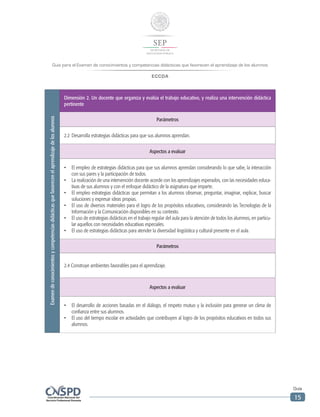 Guía para el Examen de conocimientos y competencias didácticas que favorecen el aprendizaje de los alumnos
ECCDA
Guía
15
Examendeconocimientosycompetenciasdidácticasquefavorecenelaprendizajedelosalumnos
Dimensión 2. Un docente que organiza y evalúa el trabajo educativo, y realiza una intervención didáctica
pertinente
Parámetros
2.2	Desarrolla estrategias didácticas para que sus alumnos aprendan.
Aspectos a evaluar
•	 El empleo de estrategias didácticas para que sus alumnos aprendan considerando lo que sabe, la interacción
con sus pares y la participación de todos.
•	 La realización de una intervención docente acorde con los aprendizajes esperados, con las necesidades educa-
tivas de sus alumnos y con el enfoque didáctico de la asignatura que imparte.
•	 El empleo estrategias didácticas que permitan a los alumnos observar, preguntar, imaginar, explicar, buscar
soluciones y expresar ideas propias.
•	 El uso de diversos materiales para el logro de los propósitos educativos, considerando las Tecnologías de la
Información y la Comunicación disponibles en su contexto.
•	 El uso de estrategias didácticas en el trabajo regular del aula para la atención de todos los alumnos, en particu-
lar aquellos con necesidades educativas especiales.
•	 El uso de estrategias didácticas para atender la diversidad lingüística y cultural presente en el aula.
Parámetros
2.4 Construye ambientes favorables para el aprendizaje.
Aspectos a evaluar
•	 El desarrollo de acciones basadas en el diálogo, el respeto mutuo y la inclusión para generar un clima de
confianza entre sus alumnos.
•	 El uso del tiempo escolar en actividades que contribuyen al logro de los propósitos educativos en todos sus
alumnos.
 