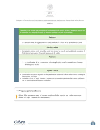 Guía para el Examen de conocimientos y competencias didácticas que favorecen el aprendizaje de los alumnos
ECCDA
Guía
19
Dimensión 5. Un docente que participa en el funcionamiento eficaz de la escuela y fomenta su vínculo con
la comunidad para asegurar que todos los alumnos concluyan con éxito su escolaridad
Parámetro
5.1 Realiza acciones en la gestión escolar para contribuir a la calidad de los resultados educativos.
Aspectos a evaluar
•	 La realización acciones con la comunidad escolar para atender las áreas de oportunidad de la escuela con el
fin de alcanzar sus metas en el marco de la autonomía de gestión.
Parámetro
5.3 La consideración de las características culturales y lingüísticas de la comunidad en el trabajo
del aula y de la escuela
Aspectos a evaluar
•	 La realización de acciones de gestión escolar para fortalecer la identidad cultural de los alumnos con apego a
los propósitos educativos.
•	 La identificación de los rasgos culturales y lingüísticos de la comunidad para desarrollar acciones que favorez-
can los aprendizajes en la asignatura que imparte.
ü	 Pregunta para la reflexión
¿Cómo debo prepararme para mi examen considerando los aspectos por evaluar correspon-
dientes a la Etapa 3. Examen de conocimientos?
 