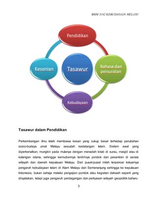 BMM 3142 KEBUDAYAAN MELAYU
3
Tasawur dalam Pendidikan
Perkembangan ilmu telah membawa kesan yang cukup besar terhadap perubahan
sosio-budaya umat Melayu sesudah kedatangan Islam. Sistem awal yang
diperkenalkan, mungkin pada mulanya dengan menadah kitab di surau, masjid atau di
kalangan istana, sehingga kemudiannya terdirinya pondok dan pesantren di serata
wilayah dan daerah kepulauan Melayu. Dari pusat-pusat inilah terpancar keluarnya
pengaruh kebudayaan Islam di Alam Melayu dari Semenanjung sehingga ke kepulauan
Indonesia, bukan sahaja melalui pengajian pondok atau kegiatan dakwah seperti yang
dinyatakan, tetapi juga pengaruh perdagangan dan perluasan wilayah geopolitik baharu
Tasawur
Pendidikan
Bahasa dan
persuratan
Kebudayaan
Kesenian
 