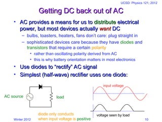 Winter 2012
UCSD: Physics 121; 2012
10
Getting DC back out of AC
Getting DC back out of AC
• AC provides a means for us to
AC provides a means for us to distribute
distribute electrical
electrical
power, but most devices actually
power, but most devices actually want
want DC
DC
– bulbs, toasters, heaters, fans don’t care: plug straight in
– sophisticated devices care because they have diodes and
transistors that require a certain polarity
• rather than oscillating polarity derived from AC
• this is why battery orientation matters in most electronics
• Use diodes to “rectify” AC signal
Use diodes to “rectify” AC signal
• Simplest (half-wave) rectifier uses one diode:
Simplest (half-wave) rectifier uses one diode:
AC source load
input voltage
voltage seen by load
diode only conducts
when input voltage is positive
 
