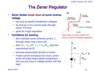 Winter 2012
UCSD: Physics 121; 2012
16
The Zener Regulator
The Zener Regulator
• Zener diodes
Zener diodes break down
break down at some reverse
at some reverse
voltage
voltage
– can buy at specific breakdown voltages
– as long as some current goes through
zener, it’ll work
– good for rough regulation
• Conditions for working:
Conditions for working:
– let’s maintain some minimal current, Iz
through zener (say a few mA)
– then (Vin  Vout)/R1 = Iz + Vout/Rload sets the
requirement on R1
– because presumably all else is known
– if load current increases too much, zener
shuts off (node drops below breakdown)
and you just have a voltage divider with the
load
R1
Z
Vin
Vout = Vz
Rload
zener voltage
high slope is what makes the
zener a decent voltage regulator
 