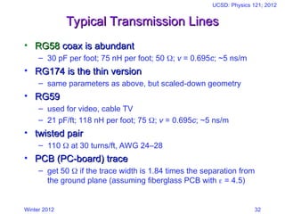 Winter 2012
UCSD: Physics 121; 2012
32
Typical Transmission Lines
Typical Transmission Lines
• RG58
RG58 coax is abundant
coax is abundant
– 30 pF per foot; 75 nH per foot; 50 ; v = 0.695c; ~5 ns/m
• RG174 is the thin version
RG174 is the thin version
– same parameters as above, but scaled-down geometry
• RG59
RG59
– used for video, cable TV
– 21 pF/ft; 118 nH per foot; 75 ; v = 0.695c; ~5 ns/m
• twisted pair
twisted pair
– 110  at 30 turns/ft, AWG 24–28
• PCB (PC-board) trace
PCB (PC-board) trace
– get 50  if the trace width is 1.84 times the separation from
the ground plane (assuming fiberglass PCB with  = 4.5)
 