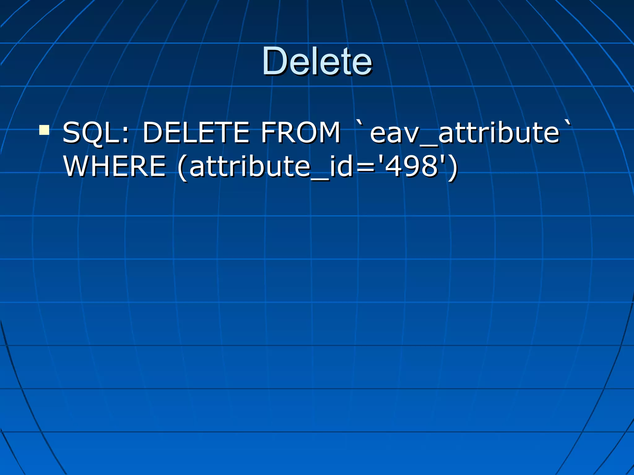Delete
   SQL: DELETE FROM `eav_attribute`
    WHERE (attribute_id='498')
 