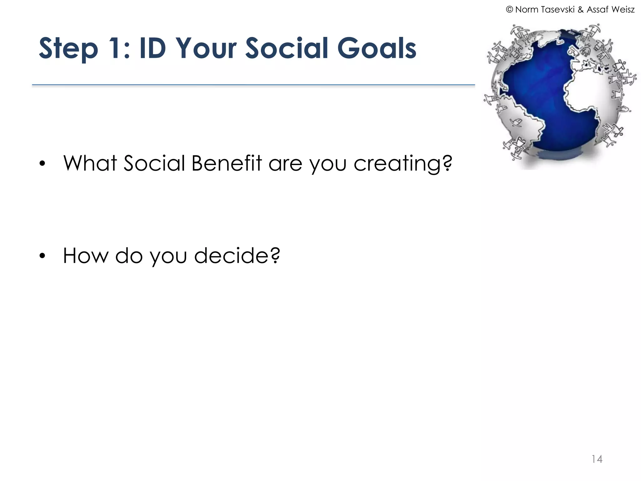 © Norm Tasevski & Assaf Weisz




Step 1: ID Your Social Goals


• What Social Benefit are you creating?



• How do you decide?




                                                             14
 