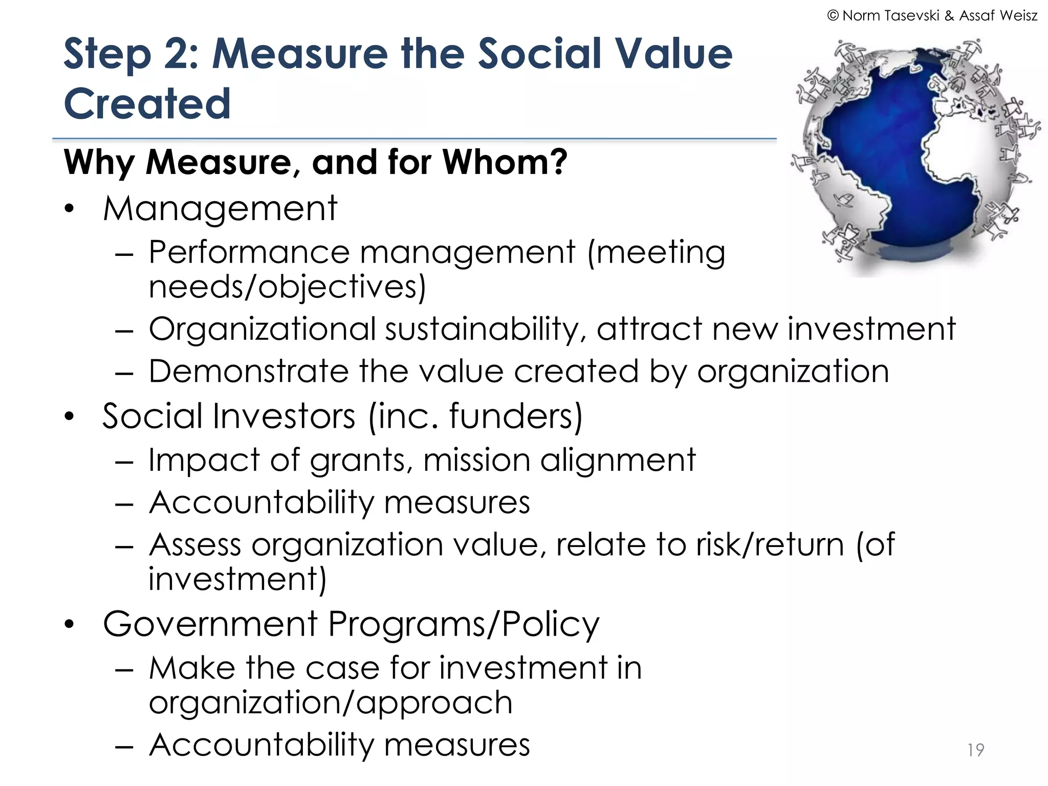 © Norm Tasevski & Assaf Weisz


Step 2: Measure the Social Value
Created
Why Measure, and for Whom?
• Management
   – Performance management (meeting
     needs/objectives)
   – Organizational sustainability, attract new investment
   – Demonstrate the value created by organization
• Social Investors (inc. funders)
   – Impact of grants, mission alignment
   – Accountability measures
   – Assess organization value, relate to risk/return (of
     investment)
• Government Programs/Policy
   – Make the case for investment in
     organization/approach
   – Accountability measures                                           19
 