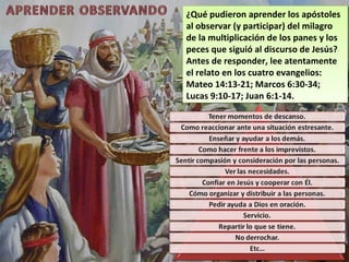 ¿Qué pudieron aprender los apóstoles
 ¿Qué pudieron aprender los apóstoles
al observar (y participar) del milagro
 al observar (y participar) del milagro
de la multiplicación de los panes yylos
 de la multiplicación de los panes los
peces que siguió al discurso de Jesús?
 peces que siguió al discurso de Jesús?
Antes de responder, lee atentamente
 Antes de responder, lee atentamente
el relato en los cuatro evangelios:
 el relato en los cuatro evangelios:
Mateo 14:13-21; Marcos 6:30-34;
 Mateo 14:13-21; Marcos 6:30-34;
Lucas 9:10-17; Juan 6:1-14.
 Lucas 9:10-17; Juan 6:1-14.
 