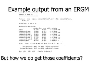 Example output from an ERGM
But how we do get those coefficients?
Null Deviance: 28987 on 20910 degrees of freedom
Residual Deviance: 1919 on 20902 degrees of freedom
AIC: 1935 BIC: 1999 (Smaller is better.)
>
> summary(fauxmodel.01)
==========================
Summary of model fit
==========================
Formula: mesa ~ edges + nodematch("Grade", diff = T) + nodematch("Race",
diff = F)
Iterations: 8 out of 20
Monte Carlo MLE Results:
Estimate Std. Error MCMC % p-value
edges -6.2228 0.1738 0 < 1e-04 ***
nodematch.Grade.7 2.8256 0.1975 0 < 1e-04 ***
nodematch.Grade.8 2.9148 0.2382 0 < 1e-04 ***
nodematch.Grade.9 2.4474 0.2642 0 < 1e-04 ***
nodematch.Grade.10 2.6080 0.3743 0 < 1e-04 ***
nodematch.Grade.11 3.3376 0.2967 0 < 1e-04 ***
nodematch.Grade.12 3.7041 0.4573 0 < 1e-04 ***
nodematch.Race 0.4214 0.1435 0 0.00333 **
---
Signif. codes: 0 ‘***’ 0.001 ‘**’ 0.01 ‘*’ 0.05 ‘.’ 0.1 ‘ ’ 1
Null Deviance: 28987 on 20910 degrees of freedom
Residual Deviance: 1919 on 20902 degrees of freedom
AIC: 1935 BIC: 1999 (Smaller is better.)
>
 