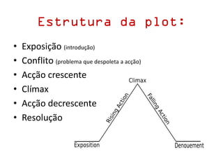 Estrutura da plot:
• Exposição (introdução)
• Conflito (problema que despoleta a acção)
• Acção crescente
• Clímax
• Acção decrescente
• Resolução
 