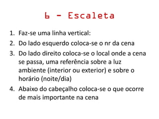 6 - Escaleta
1. Faz-se uma linha vertical:
2. Do lado esquerdo coloca-se o nr da cena
3. Do lado direito coloca-se o local onde a cena
se passa, uma referência sobre a luz
ambiente (interior ou exterior) e sobre o
horário (noite/dia)
4. Abaixo do cabeçalho coloca-se o que ocorre
de mais importante na cena
 