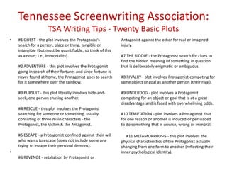 Tennessee Screenwriting Association:
TSA Writing Tips - Twenty Basic Plots
• #1 QUEST - the plot involves the Protagonist's
search for a person, place or thing, tangible or
intangible (but must be quantifiable, so think of this
as a noun; i.e., immortality).
#2 ADVENTURE - this plot involves the Protagonist
going in search of their fortune, and since fortune is
never found at home, the Protagonist goes to search
for it somewhere over the rainbow.
#3 PURSUIT - this plot literally involves hide-and-
seek, one person chasing another.
#4 RESCUE - this plot involves the Protagonist
searching for someone or something, usually
consisting of three main characters - the
Protagonist, the Victim & the Antagonist.
#5 ESCAPE - a Protagonist confined against their will
who wants to escape (does not include some one
trying to escape their personal demons).
•
#6 REVENGE - retaliation by Protagonist or
Antagonist against the other for real or imagined
injury.
#7 THE RIDDLE - the Protagonist search for clues to
find the hidden meaning of something in question
that is deliberately enigmatic or ambiguous.
#8 RIVALRY - plot involves Protagonist competing for
same object or goal as another person (their rival).
#9 UNDERDOG - plot involves a Protagonist
competing for an object or goal that is at a great
disadvantage and is faced with overwhelming odds.
#10 TEMPTATION - plot involves a Protagonist that
for one reason or another is induced or persuaded
to do something that is unwise, wrong or immoral.
#11 METAMORPHOSIS - this plot involves the
physical characteristics of the Protagonist actually
changing from one form to another (reflecting their
inner psychological identity).
 