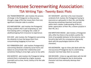 Tennessee Screenwriting Association:
TSA Writing Tips - Twenty Basic Plots
#12 TRANSFORMATION - plot involves the process
of change in the Protagonist as they journey
through a stage of life that moves them from one
significant character state to another.
#13 MATURATION - plot involves the Protagonist
facing a problem that is part of growing up, and
from dealing with it, emerging into a state of
adulthood (going from innocence to experience).
#14 LOVE - plot involves the Protagonist overcoming
the obstacles to love that keeps them from
consummating (engaging in) true love.
#15 FORBIDDEN LOVE - plot involves Protagonist(s)
overcoming obstacles created by social mores and
taboos to consummate their relationship (and
sometimes finding it at too high a price to live with).
#16 SACRIFICE - plot involves the Protagonist taking
action(s) that is motivated by a higher purpose
(concept) such as love, honor, charity or for the sake
of humanity.
#17 DISCOVERY - plot that is the most character-
centered of all, involves the Protagonist having to
overcome an upheavel(s) in their life, and thereby
discovering something important (and buried)
within them a better understanding of life (i.e.,
better appreciation of their life, a clearer purpose in
their life, etc.)
#18 WRETCHED EXCESS - plot involves a Protagonist
who, either by choice or by accident, pushes the
limits of acceptable behavior to the extreme and is
forced to deal with the consequences (generally
deals with the psychological decline of the
character).
#19 ASCENSION - rags-to-riches plot deals with the
rise (success) of Protagonist due to a dominating
character trait that helps them to succeed.
#20 DECISION - riches-to-rags plot deals with the fall
(destruction) of Protagonist due to dominating
character trait that eventually destroys their
success.
 