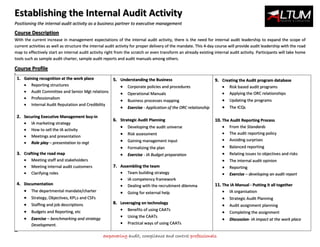 Establishing the Internal Audit Activity
Positioning the internal audit activity as a business partner to executive management
empowering audit, compliance and control professionals
Course Description





 