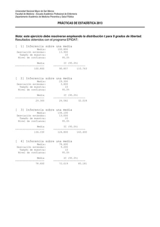 Universidad Nacional Mayor de San Marcos
Facultad de Medicina - Escuela Académico Profesional de Enfermería
Departamento Académico de Medicina Preventiva y Salud Pública
PRÁCTICAS DE ESTADÍSTICA 2013
Nota: este ejercicio debe resolverse empleando la distribución t para 9 grados de libertad.
Resultados obtenidos con el programa EPIDAT:
[ 1] Inferencia sobre una media
Media: 100.800
Desviación estándar: 13.900
Tamaño de muestra: 10
Nivel de confianza: 95.0%
Media IC (95.0%)
-------------------- ----------------------
100.800 90.857 110.743
[ 2] Inferencia sobre una media
Media: 29.300
Desviación estándar: 3.800
Tamaño de muestra: 10
Nivel de confianza: 95.0%
Media IC (95.0%)
-------------------- ----------------------
29.300 26.582 32.018
[ 3] Inferencia sobre una media
Media: 134.100
Desviación estándar: 13.000
Tamaño de muestra: 10
Nivel de confianza: 95.0%
Media IC (95.0%)
-------------------- ----------------------
134.100 124.800 143.400
[ 4] Inferencia sobre una media
Media: 78.600
Desviación estándar: 9.200
Tamaño de muestra: 10
Nivel de confianza: 95.0%
Media IC (95.0%)
-------------------- ----------------------
78.600 72.019 85.181
 