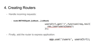4. Creating Routers
- Handle incoming requests:
- router.METHOD(path, [callback, ...] callback)
- Finally, add the router to express application:
 
