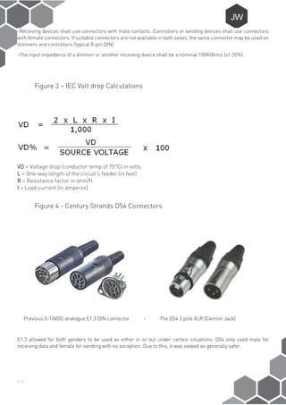 P-12
-Receiving devices shall use connectors with male contacts. Controllers or sending devices shall use connectors
with female connectors. If suitable connectors are not available in both sexes, the same connector may be used on
dimmers and controllers (typical 8-pin DIN)
-The input impedance of a dimmer or another receiving device shall be a nominal 100KOhms (+/-20%).
Figure 3 – IEC Volt drop Calculations
VD = Voltage drop (conductor temp of 75°C) in volts
L = One-way length of the circuit's feeder (in feet)
R = Resistance factor in ohm/ft
I = Load current (in amperes)
Figure 4 - Century Strands D54 Connectors
Previous 0-10VDC analogue E1.3 DIN connector - The D54 3 pole XLR (Cannon Jack)
E1.3 allowed for both genders to be used as either in or out under certain situations. D54 only used male for
receiving data and female for sending with no exception. Due to this, it was viewed as generally safer.
 