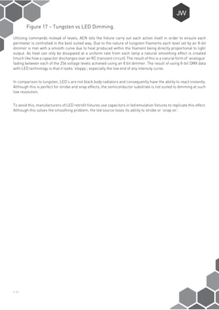 P-20
Figure 17 – Tungsten vs LED Dimming.
Utilizing commands instead of levels, ACN lets the fixture carry out each action itself in order to ensure each
perimeter is controlled in the best suited way. Due to the nature of tungsten filaments each level set by an 8-bit
dimmer is met with a smooth curve due to heat produced within the filament being directly proportional to light
output. As heat can only be dissipated at a uniform rate from each lamp a natural smoothing effect is created
(much like how a capacitor discharges over an RC transient circuit). The result of this is a natural form of ‘analogue’
fading between each of the 256 voltage levels achieved using an 8 bit dimmer. The result of using 8-bit DMX data
with LED technology is that it looks ‘steppy’; especially the low end of any intensity curve.
In comparison to tungsten, LED’s are not black body radiators and consequently have the ability to react instantly.
Although this is perfect for strobe and snap effects, the semiconductor substrate is not suited to dimming at such
low resolution.
To avoid this, manufacturers of LED retrofit fixtures use capacitors in led emulation fixtures to replicate this effect.
Although this solves the smoothing problem, the led source loses its ability to strobe or ‘snap on’.
 