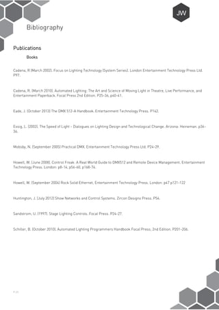 P-25
Bibliography
Publications
Books
Cadena, R (March 2002). Focus on Lighting Technology (System Series). London Entertainment Technology Press Ltd.
P97.
Cadena, R. (March 2010). Automated Lighting: The Art and Science of Moving Light in Theatre, Live Performance, and
Entertainment Paperback. Focal Press 2nd Edition. P25-36, p40-41.
Eade, J. (October 2013) The DMX 512-A Handbook. Entertainment Technology Press. P142.
Essig, L. (2002). The Speed of Light - Dialogues on Lighting Design and Technological Change. Arizona: Heineman. p34-
36.
Mobsby, N. (September 2005) Practical DMX. Entertainment Technology Press Ltd. P24-29.
Howell, W. (June 2008). Control Freak: A Real World Guide to DMX512 and Remote Device Management. Entertainment
Technology Press. London: p8-14, p56-60, p168-74.
Howell, W. (September 2004) Rock Solid Ethernet, Entertainment Technology Press. London: p47 p121-122
Huntington, J. (July 2012) Show Networks and Control Systems. Zircon Designs Press. P54.
Sandstrom, U. (1997). Stage Lighting Controls. Focal Press. P24-27.
Schiller, B. (October 2010). Automated Lighting Programmers Handbook Focal Press; 2nd Edition. P201-206.
 