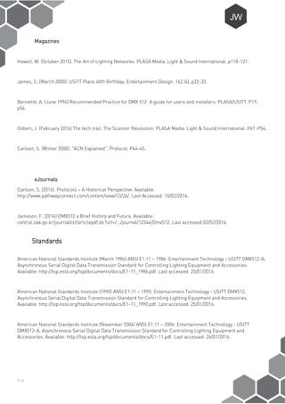 P-26
Magazines
Howell, W. (October 2015). The Art of Lighting Networks. PLASA Media. Light & Sound International. p118-121.
James, C. (March 2000). USITT Plans 40th Birthday. Entertainment Design. 162 (4), p22-23.
Bennette, A. (June 1994) Recommended Practice for DMX 512: A guide for users and installers. PLASA/USITT. P19,
p54.
Gilbert, J. (February 2016) The tech trail: The Scanner Revolution. PLASA Media. Light & Sound International. P47-P54.
Carlson, S. (Winter 2000). "ACN Explained". Protocol. P44-45.
eJournals
Carlson, S. (2016). Protocols – A Historical Perspective. Available:
http://www.pathwayconnect.com/content/view/13/26/. Last Accessed: 10/02/2016.
Jameson, F. (2014) DMX512 a Brief History and Future. Available:
central.oak.go.kr/journallist/articlepdf.do?url=/.../journal/12344/Dmx512. Last accessed 02/02/2016.
Standards
American National Standards Institute (March 1986) ANSI E1.11 – 1986: Entertainment Technology - USITT DMX512-A,
Asynchronous Serial Digital Data Transmission Standard for Controlling Lighting Equipment and Accessories.
Available: http://tsp.esta.org/tsp/documents/docs/E1-11_1986.pdf. Last accessed: 25/01/2016.
American National Standards Institute (1990) ANSI E1.11 – 1990: Entertainment Technology - USITT DMX512,
Asynchronous Serial Digital Data Transmission Standard for Controlling Lighting Equipment and Accessories.
Available: http://tsp.esta.org/tsp/documents/docs/E1-11_1990.pdf. Last accessed: 25/01/2016.
American National Standards Institute (November 2004) ANSI E1.11 – 2004: Entertainment Technology - USITT
DMX512-A, Asynchronous Serial Digital Data Transmission Standard for Controlling Lighting Equipment and
Accessories. Available: http://tsp.esta.org/tsp/documents/docs/E1-11.pdf. Last accessed: 26/01/2016.
 