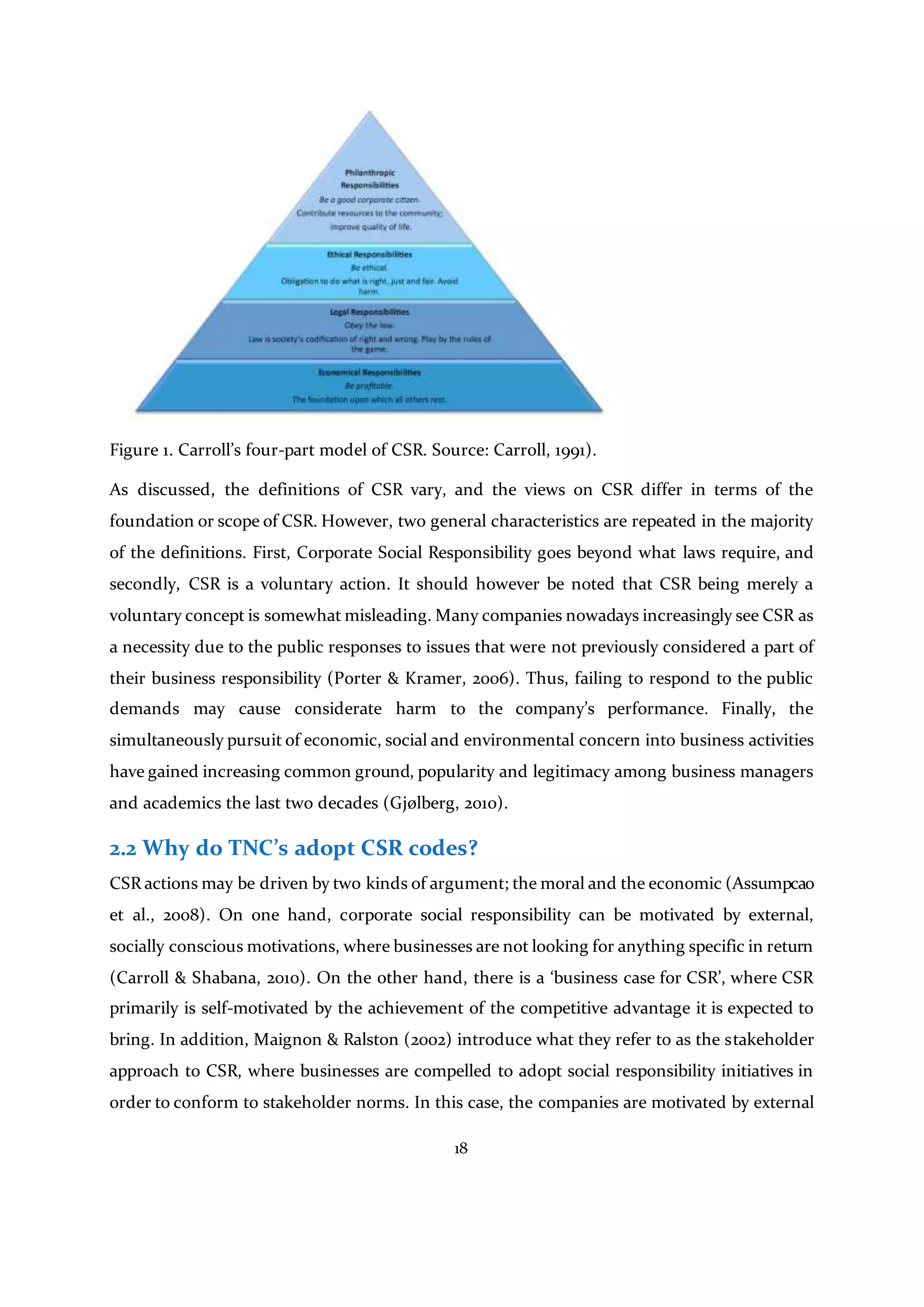 18
Figure 1. Carroll’s four-part model of CSR. Source: Carroll, 1991).
As discussed, the definitions of CSR vary, and the views on CSR differ in terms of the
foundation or scope of CSR. However, two general characteristics are repeated in the majority
of the definitions. First, Corporate Social Responsibility goes beyond what laws require, and
secondly, CSR is a voluntary action. It should however be noted that CSR being merely a
voluntary concept is somewhat misleading. Many companies nowadays increasingly see CSR as
a necessity due to the public responses to issues that were not previously considered a part of
their business responsibility (Porter & Kramer, 2006). Thus, failing to respond to the public
demands may cause considerate harm to the company’s performance. Finally, the
simultaneously pursuit of economic, social and environmental concern into business activities
have gained increasing common ground, popularity and legitimacy among business managers
and academics the last two decades (Gjølberg, 2010).
2.2 Why do TNC’s adopt CSR codes?
CSR actions may be driven by two kinds of argument; the moral and the economic (Assumpcao
et al., 2008). On one hand, corporate social responsibility can be motivated by external,
socially conscious motivations, where businesses are not looking for anything specific in return
(Carroll & Shabana, 2010). On the other hand, there is a ‘business case for CSR’, where CSR
primarily is self-motivated by the achievement of the competitive advantage it is expected to
bring. In addition, Maignon & Ralston (2002) introduce what they refer to as the stakeholder
approach to CSR, where businesses are compelled to adopt social responsibility initiatives in
order to conform to stakeholder norms. In this case, the companies are motivated by external
 