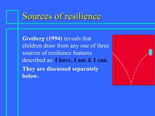 Sources of resilienceSources of resilience
Grotberg (1994) reveals that
children draw from any one of three
sources of resilience features
described as: I have, I am & I can.
They are discussed separately
below.
 
