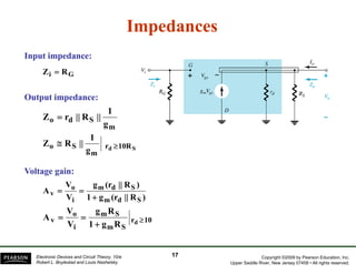 ImpedancesImpedances
RZ
Input impedance:Input impedance:
Gi RZ =
Output impedance:Output impedance:
m
Sdo
g
1
||R||rZ =
1
Sd 10Rr
m
So
g
1
||RZ ≥≅
Voltage gain:Voltage gain:
)R||(rg1
)R||(rg
V
V
A
Sdm
Sdm
i
o
v
+
==
Voltage gain:Voltage gain:
10r
Sm
Sm
i
o
v dRg1
Rg
V
V
A ≥
+
==
Copyright ©2009 by Pearson Education, Inc.
Upper Saddle River, New Jersey 07458 • All rights reserved.
Electronic Devices and Circuit Theory, 10/e
Robert L. Boylestad and Louis Nashelsky
1717
 