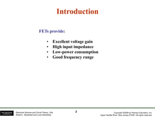IntroductionIntroduction
FETs provide:FETs provide:FETs provide:FETs provide:
• Excellent voltage gain
Hi h i i d• High input impedance
• Low-power consumption
• Good frequency range
Copyright ©2009 by Pearson Education, Inc.
Upper Saddle River, New Jersey 07458 • All rights reserved.
Electronic Devices and Circuit Theory, 10/e
Robert L. Boylestad and Louis Nashelsky
22
 