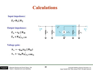CalculationsCalculations
Input impedanceInput impedance::
21i R||RZ =
O t t i dO t t i d
Ddo R||rZ =
Output impedance:Output impedance:
RZ 10rDo d
RZ ≥≅
Voltage gain:Voltage gain:
)R||(rgA Ddmv −=
RgA ≅
Voltage gain:Voltage gain:
Dd 10RrDmv RgA ≥−≅
Copyright ©2009 by Pearson Education, Inc.
Upper Saddle River, New Jersey 07458 • All rights reserved.
Electronic Devices and Circuit Theory, 10/e
Robert L. Boylestad and Louis Nashelsky
2525
 