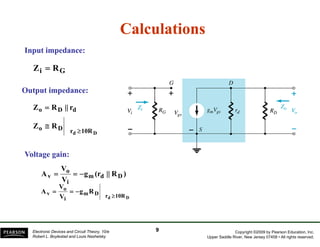 CalculationsCalculationsCalculationsCalculations
Input impedance:Input impedance:
Gi RZ =
Output impedance:Output impedance:
dDo r||RZ =
RZ
p pp p
10RrDo
Dd
RZ
≥
≅
Voltage gain:Voltage gain:
)R||(rg
V
V
A Ddm
i
o
v −==
Voltage gain:Voltage gain:
i
Dd 10RrDm
i
o
v Rg
V
V
A
≥
−==
Copyright ©2009 by Pearson Education, Inc.
Upper Saddle River, New Jersey 07458 • All rights reserved.
Electronic Devices and Circuit Theory, 10/e
Robert L. Boylestad and Louis Nashelsky
99
 