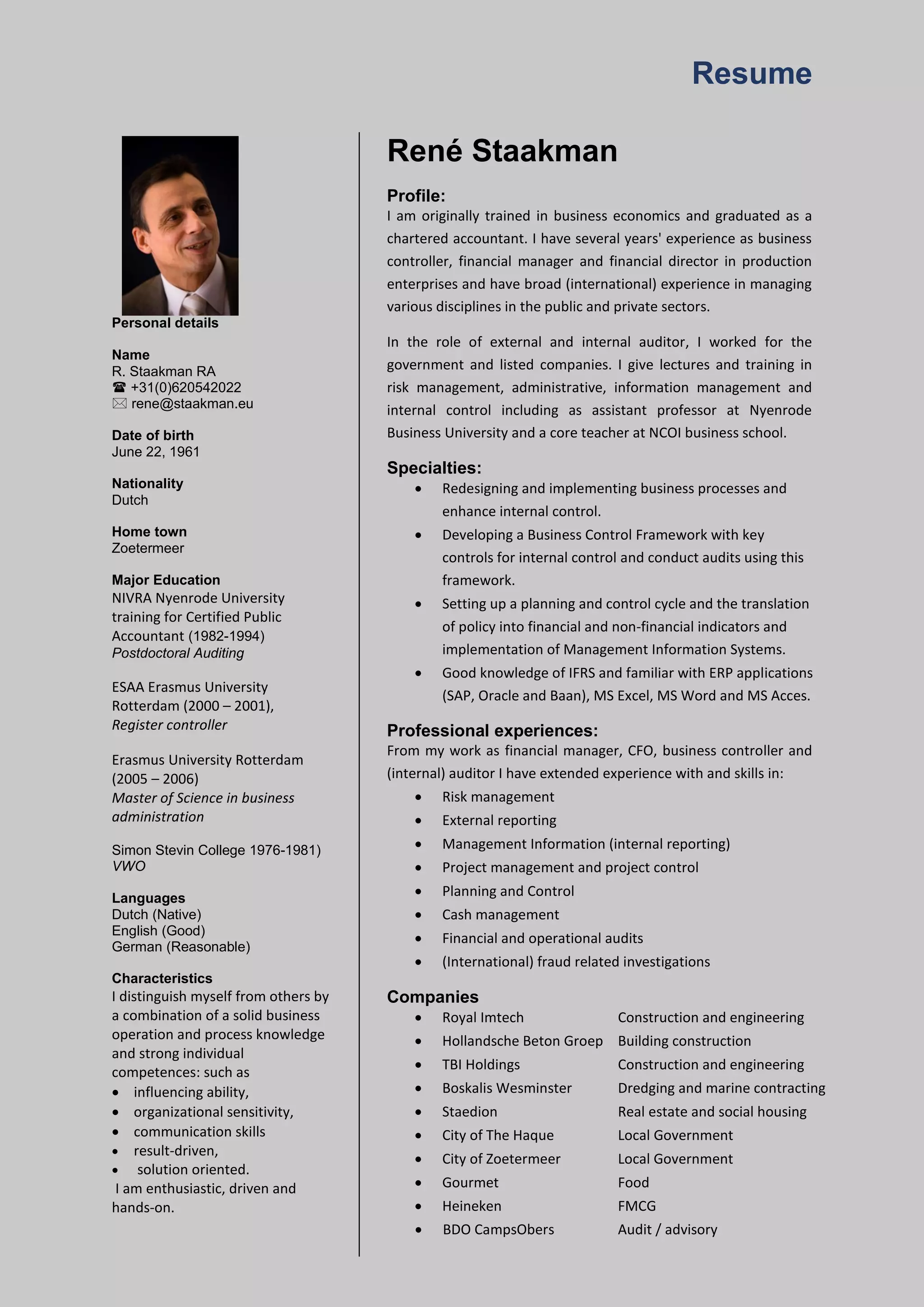 Rotterdo Resume CV Rene Staakman kort eng Contr v2 | PDF