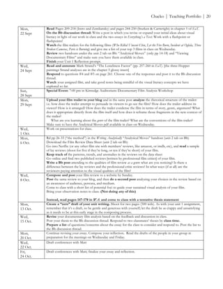 ! Chacko | Teaching Portfolio | 20
Mon,
22 Sept
Read Pages 209-218 (Intro and Zemliansky) and pages 244-250 (Sturken & Cartwright) in chapter 5 of EaT.
On the Bb discussion thread: Write a post in which you revise or expand your initial ideas about visual
literacy in light of our work in class and the two essays in Everything’s a Text. Work with a flashpoint or
flashpoints!
Watch the film trailers for the following films (Who Killed Vincent Chin, Let the Fire Burn, Incident at Oglala, Three
Broken Cameras, Paris is Burning) and give me a list of your top 3 films in class on Wednesday.
Review two handouts under the unit 2 tab on Bb: “Analytical Moves” (only pp 14-18) and “Viewing
Documentary Films” and make sure you have them available in class.
Finish your Unit 1 Reflection prompt.
Wed,
24 Sept
Read and annotate Mark Strand’s “The Loneliness Factor” (pp. 257-260 in EaT). [the three Hopper
paintings Strand analyzes are in the chapter 5 glossy insert]
Respond to questions #4 and #5 on page 261. Choose one of the responses and post it to the Bb discussion
thread.
Watch your assigned film, and take good notes being mindful of the visual literacy concepts we have
explored so far.
Sun,
28 Sept
Special Event: 7:00 pm in Kittredge Auditorium: Documentary Film Analysis Workshop
Mon,
29 Sept
Upload your film trailer to your blog and in the same post analyze the rhetorical structure of the trailer:
i.e. how does the trailer attempt to persuade its viewers to go see the film? How does the trailer address its
viewer? How is it arranged? How does the trailer condense the film in terms of story, genre, argument? What
does it appropriate directly from the film itself and how does it reframe those fragments in the new context of
the trailer?
What are you learning about the genre of the film trailer? What are the conventions of the film trailer?
Make sure to have the Analytical Moves pdf available in class on Wednesday.
Wed,
1 Oct.
Work on presentations for class.
Mon,
6 Oct.
Rd pp 26-33 (“the method”) in the Writing Analytically “Analytical Moves” handout (unit 2 tab on Bb)
Download the Film Review Data Sheet (unit 2 tab on Bb)
Go into Netflix (or any other film site with members’ reviews, like amazon, or imdb, etc), and read a sample
of lay reviews (shoot for five if they’re long, or ten if they’re short) of your film.
Keep track of the patterns, trends, and anomalies in the reviews on the data sheet
Go online and find two published reviews [written by professional film critics] of your film.
Write a Bb post attending to the qualities of film review as a genre: what are you noticing? Is there a
difference between the lay reviews and the professional critic reviews? In what ways (if at all) are the
reviewers paying attention to the visual qualities of the film?
Wed,
8 Oct.
Compose and post your film review to a website by Sunday.
Post the same review to your blog, and then do a second post analyzing your choices in the review based on
an awareness of audience, persona, and medium.
Come to class with a short list of potential foci to guide your sustained visual analysis of your film.
Bring your observation notes to class. (Not doing any of this)
Instead, read pages 147-178 in WA and come to class with a tentative thesis statement
Mon,
13 Oct.
Create a “zero” draft of your unit writing. Shoot for two pages (500 wds). As with your unit 1 assignment,
remember that it’s a draft, so be gentle and generous with yourself; let the draft be as crappy and unsatisfying
as it needs to be at this early stage in the composing process.
Wed,
15 Oct.
Revise your documentary film analysis based on the feedback and discussion in class.
Post your thesis to the Bb discussion thread. Respond to two classmates’ theses by class time.
Prepare a list of questions/concerns about the essay for the class to consider and respond to. Post the list to
the Bb discussion thread.
Mon,
20 Oct.
Continue revising your essay. Compose your reflection. Read the drafts of the people in your group in
preparation for the meetings on Wednesday and Friday.
Wed,
22 Oct.
Draft conferences with Matt
Fri,
24 Oct.
Draft conferences with Matt; finalize your essay and reflection.
 