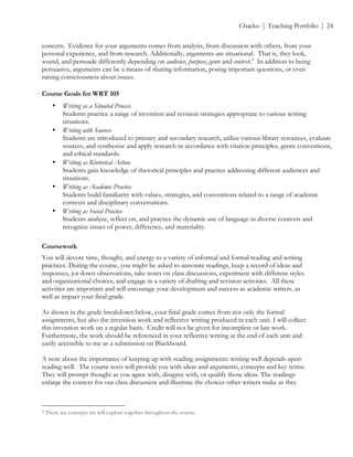 ! Chacko | Teaching Portfolio | 24
concern. Evidence for your arguments comes from analysis, from discussion with others, from your
personal experience, and from research. Additionally, arguments are situational. That is, they look,
sound, and persuade differently depending on audience, purpose, genre and context.2
In addition to being
persuasive, arguments can be a means of sharing information, posing important questions, or even
raising consciousness about issues.
Course Goals for WRT 105
• Writing as a Situated Process
Students practice a range of invention and revision strategies appropriate to various writing
situations.
• Writing with Sources
Students are introduced to primary and secondary research, utilize various library resources, evaluate
sources, and synthesize and apply research in accordance with citation principles, genre conventions,
and ethical standards.
• Writing as Rhetorical Action
Students gain knowledge of rhetorical principles and practice addressing different audiences and
situations.
• Writing as Academic Practice
Students build familiarity with values, strategies, and conventions related to a range of academic
contexts and disciplinary conversations.
• Writing as Social Practice
Students analyze, reflect on, and practice the dynamic use of language in diverse contexts and
recognize issues of power, difference, and materiality.
Coursework
You will devote time, thought, and energy to a variety of informal and formal reading and writing
practices. During the course, you might be asked to annotate readings, keep a record of ideas and
responses, jot down observations, take notes on class discussions, experiment with different styles
and organizational choices, and engage in a variety of drafting and revision activities. All these
activities are important and will encourage your development and success as academic writers, as
well as impact your final grade.
As shown in the grade breakdown below, your final grade comes from not only the formal
assignments, but also the invention work and reflective writing produced in each unit. I will collect
this invention work on a regular basis. Credit will not be given for incomplete or late work.
Furthermore, the work should be referenced in your reflective writing at the end of each unit and
easily accessible to me as a submission on Blackboard.
A note about the importance of keeping up with reading assignments: writing well depends upon
reading well. The course texts will provide you with ideas and arguments, concepts and key terms.
They will prompt thought as you agree with, disagree with, or qualify those ideas. The readings
enlarge the context for our class discussion and illustrate the choices other writers make as they
!!!!!!!!!!!!!!!!!!!!!!!!!!!!!!!!!!!!!!!!!!!!!!!!!!!!!!!!
2!These are concepts we will explore together throughout the course.!
 