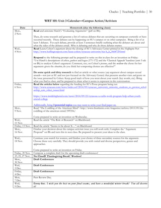 ! Chacko | Teaching Portfolio | 30
WRT 105: Unit 3 Calendar—Campus Action/Activism
Date Homework (due the following class)
Mon.,
2 Nov.
Read and annotate Hatch’s “Evaluating Arguments” (pdf on Bb).
Then, do some research and generate a list of various debates that are occurring on campuses currently or have
occurred recently. These debates can be happening on SU’s campus or on other campuses. Bring a list of at
least 3 debates. For each debate, provide at least 3 sentences briefly outlining what the debates are about and
what the sides of the debates entail. Who is debating and why do these debates matter.
Wed.,
4 Nov.
Read Laura Cohen’s argument about the closing of SU’s Advocacy Center printed in the Huffington Post:
http://www.huffingtonpost.com/laura-cohen/syracuse-university-has-b_b_5668729.html
Respond to the following prompt and be prepared to write on this in class for an invention on Friday:
“Use Hatch’s descriptions of ethos, pathos and logos (171-172) and the ‘Classical Appeals’ handout (unit 3 tab
on Bb) to analyze Cohen’s argument. Comment, too, on Cohen’s persona, and the medium she chose for her
argument: given the situation, do you think her composing choices are effective?”
Do some quick and dirty research to find an article or other source (any argument about campus sexual
assault—not just at SU and not just focused on the Advocacy Center) that presents another view and genre on
the issue presented by Cohen. Keep good track of how you went about your search (key words, etc). Bring
what you find to class, and be prepared to share what it seems to represent in the conversation.
Friday,
6 Nov.
Read the articles below regarding the funding for SU’s Posse program being cut:
http://www.syracuse.com/news/index.ssf/2014/09/syracuse_university_minority_students_to_protest_schol
arship_cuts_other_issues.html
https://www.insidehighered.com/news/2014/09/23/syracuse-u-curbs-work-program-help-urban-youth-
attend-college
Additionally, bring 3 potential topics you may want to write your final paper on.
Mon.,
9 Nov.
Read “The Coddling of the American Mind”: http://www.theatlantic.com/magazine/archive/2015/09/the-
coddling-of-the-american-mind/399356/
Come prepared to write an invention on Wednesday.
Wed.,
11 Nov.
Read the article “The Role of Research” on Blackboard.
Friday, 13 Nov. Read the article “Seems to be about X…” on Blackboard
Mon.,
16 Nov.
Finalize your decision about the campus activism issue you will work with. Complete the “Argument
Proposal” on Bb and turn this in next class. Be prepared to present your ideas to the class.
Wed.,
18 Nov.
Continue your search for sources, and finalize your choice of three secondary sources for the argument.
Choose these very carefully. They should provide you with varied and diverse perspectives, genres and
approaches.
Come prepared to write an invention on Friday.
Friday, 20 Nov. Compose a complete draft for the upcoming draft conferences!
23, 25, 27 Nov. No Class! Thanksgiving Break! Woohoo!
Mon.,
30 Nov.
Draft Conferences
Wed,
2 Dec.
Draft Conferences
Friday,
4 Dec.
Draft Conferences
Mon,
7 Dec.
Peer Review Day.
Wed,
9 Dec.
Essay due. I wish you the best on your final exams, and have a wonderful winter break! You all deserve
it!
 