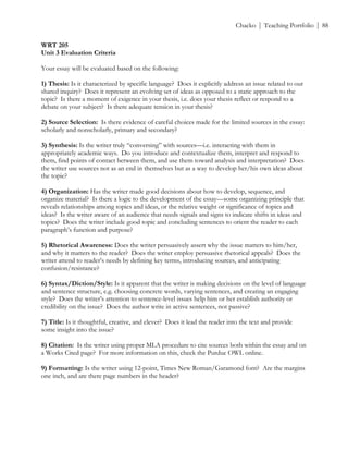 ! Chacko | Teaching Portfolio | 88
WRT 205
Unit 3 Evaluation Criteria
Your essay will be evaluated based on the following:
1) Thesis: Is it characterized by specific language? Does it explicitly address an issue related to our
shared inquiry? Does it represent an evolving set of ideas as opposed to a static approach to the
topic? Is there a moment of exigence in your thesis, i.e. does your thesis reflect or respond to a
debate on your subject? Is there adequate tension in your thesis?
2) Source Selection: Is there evidence of careful choices made for the limited sources in the essay:
scholarly and nonscholarly, primary and secondary?
3) Synthesis: Is the writer truly “conversing” with sources—i.e. interacting with them in
appropriately academic ways. Do you introduce and contextualize them, interpret and respond to
them, find points of contact between them, and use them toward analysis and interpretation? Does
the writer use sources not as an end in themselves but as a way to develop her/his own ideas about
the topic?
4) Organization: Has the writer made good decisions about how to develop, sequence, and
organize material? Is there a logic to the development of the essay—some organizing principle that
reveals relationships among topics and ideas, or the relative weight or significance of topics and
ideas? Is the writer aware of an audience that needs signals and signs to indicate shifts in ideas and
topics? Does the writer include good topic and concluding sentences to orient the reader to each
paragraph’s function and purpose?
5) Rhetorical Awareness: Does the writer persuasively assert why the issue matters to him/her,
and why it matters to the reader? Does the writer employ persuasive rhetorical appeals? Does the
writer attend to reader’s needs by defining key terms, introducing sources, and anticipating
confusion/resistance?
6) Syntax/Diction/Style: Is it apparent that the writer is making decisions on the level of language
and sentence structure, e.g. choosing concrete words, varying sentences, and creating an engaging
style? Does the writer’s attention to sentence-level issues help him or her establish authority or
credibility on the issue? Does the author write in active sentences, not passive?
7) Title: Is it thoughtful, creative, and clever? Does it lead the reader into the text and provide
some insight into the issue?
8) Citation: Is the writer using proper MLA procedure to cite sources both within the essay and on
a Works Cited page? For more information on this, check the Purdue OWL online.
9) Formatting: Is the writer using 12-point, Times New Roman/Garamond font? Are the margins
one inch, and are there page numbers in the header?
 