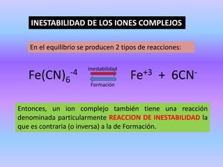 INESTABILIDAD DE LOS IONES COMPLEJOS
Fe(CN)6
-4 Fe+3 + 6CN-
En el equilibrio se producen 2 tipos de reacciones:
Inestabilidad
Formación
Entonces, un ion complejo también tiene una reacción
denominada particularmente REACCION DE INESTABILIDAD la
que es contraria (o inversa) a la de Formación.
 