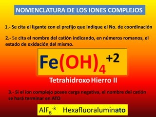 NOMENCLATURA DE LOS IONES COMPLEJOS
1.- Se cita el ligante con el prefijo que indique el No. de coordinación
Fe(OH)4
+2
TetrahidroxoHierro II
2.- Se cita el nombre del catión indicando, en números romanos, el
estado de oxidación del mismo.
3.- Si el ion complejo posee carga negativa, el nombre del catión
se hará terminar en ATO
AlF6
-3 Hexafluoraluminato
 