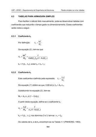 USP – EESC – Departamento de Engenharia de Estruturas Flexão simples na ruína: tabelas
8.4
8.3 TABELAS PARA ARMADURA SIMPLES
Para facilitar o cálculo feito manualmente, pode-se desenvolver tabelas com
coeficientes que reduzirão o tempo gasto no dimensionamento. Esses coeficientes
serão vistos a seguir.
8.3.1 Coeficiente kc
Por definição:
d
2
c
M
bd
k =
Da equação (2’), tem-se que:
)4,01(f68,0
1
M
bd
k
xcdxd
2
c
ββ −
==
kc = f (βx , fcd), onde fcd = fck / γ c
8.3.2 Coeficiente ks
Este coeficiente é definido pela expressão:
d
s
s
M
dA
k =
Da equação (1’) obtém-se que: 0,68 bd βx fcd = As σ s.
Substituindo na equação (2’), tem-se:
Md = As σ s d (1 – 0,4βx)
A partir desta equação, define-se o coeficiente ks:
)4,01(
1
M
dA
k
xsd
s
s
βσ −
==
ks = f (βx , σ s); nos domínios 2 e 3, tem-se σ s = fyd.
Os valores de kc e de ks encontram-se na Tabela 1.1 (PINHEIRO, 1993).
 