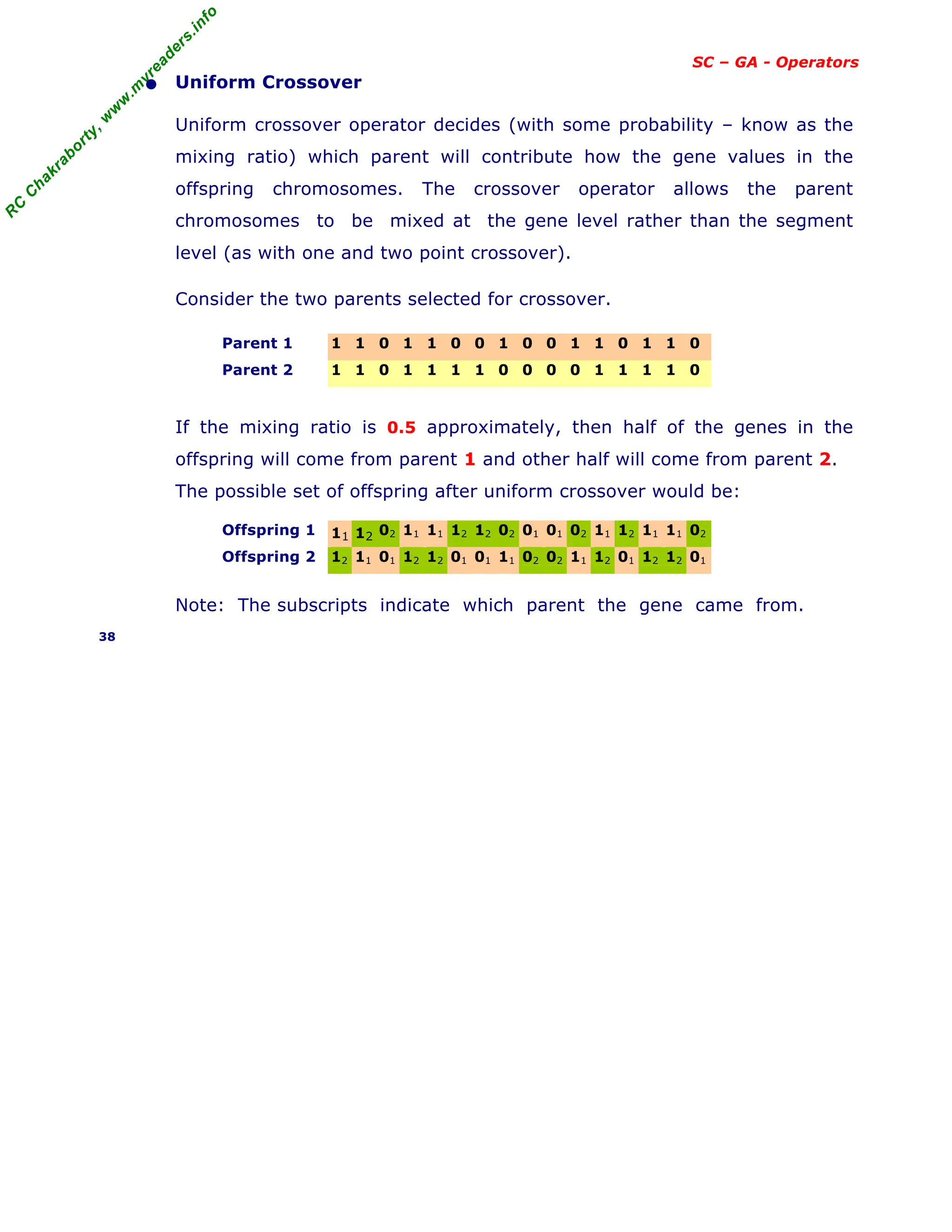 R
C
C
h
a
k
r
a
b
o
r
t
y
,
w
w
w
.
m
y
r
e
a
d
e
r
s
.
i
n
f
o
SC – GA - Operators
• Uniform Crossover
Uniform crossover operator decides (with some probability – know as the
mixing ratio) which parent will contribute how the gene values in the
offspring chromosomes. The crossover operator allows the parent
chromosomes to be mixed at the gene level rather than the segment
level (as with one and two point crossover).
Consider the two parents selected for crossover.
Parent 1 1 1 0 1 1 0 0 1 0 0 1 1 0 1 1 0
Parent 2 1 1 0 1 1 1 1 0 0 0 0 1 1 1 1 0
If the mixing ratio is 0.5 approximately, then half of the genes in the
offspring will come from parent 1 and other half will come from parent 2.
The possible set of offspring after uniform crossover would be:
Offspring 1 11 12 02 11 11 12 12 02 01 01 02 11 12 11 11 02
Offspring 2 12 11 01 12 12 01 01 11 02 02 11 12 01 12 12 01
Note: The subscripts indicate which parent the gene came from.
38
 