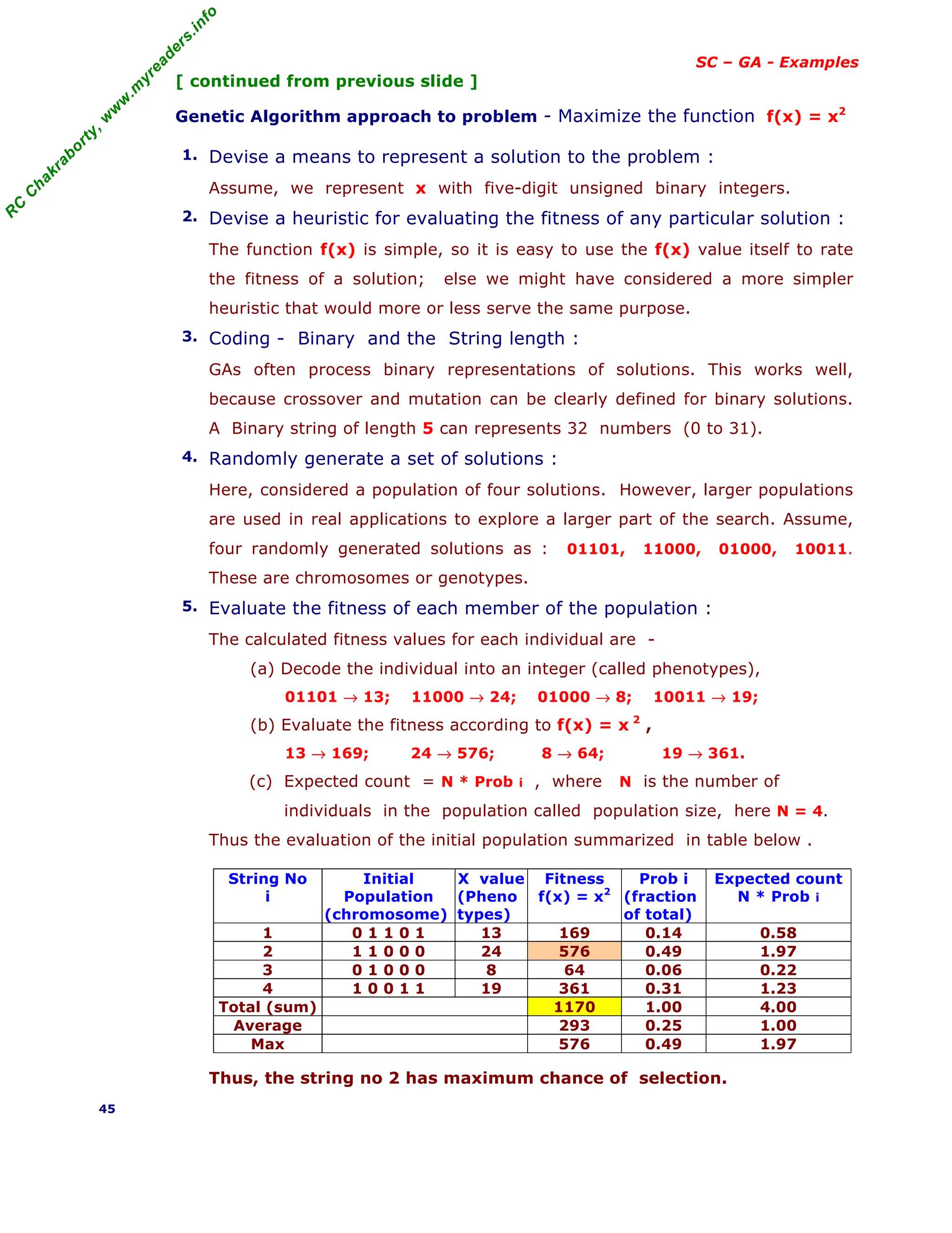 R
C
C
h
a
k
r
a
b
o
r
t
y
,
w
w
w
.
m
y
r
e
a
d
e
r
s
.
i
n
f
o
SC – GA - Examples
[ continued from previous slide ]
Genetic Algorithm approach to problem - Maximize the function f(x) = x2
1. Devise a means to represent a solution to the problem :
Assume, we represent x with five-digit unsigned binary integers.
2. Devise a heuristic for evaluating the fitness of any particular solution :
The function f(x) is simple, so it is easy to use the f(x) value itself to rate
the fitness of a solution; else we might have considered a more simpler
heuristic that would more or less serve the same purpose.
3. Coding - Binary and the String length :
GAs often process binary representations of solutions. This works well,
because crossover and mutation can be clearly defined for binary solutions.
A Binary string of length 5 can represents 32 numbers (0 to 31).
4. Randomly generate a set of solutions :
Here, considered a population of four solutions. However, larger populations
are used in real applications to explore a larger part of the search. Assume,
four randomly generated solutions as : 01101, 11000, 01000, 10011.
These are chromosomes or genotypes.
5. Evaluate the fitness of each member of the population :
The calculated fitness values for each individual are -
(a) Decode the individual into an integer (called phenotypes),
01101 → 13; 11000 → 24; 01000 → 8; 10011 → 19;
(b) Evaluate the fitness according to f(x) = x 2
,
13 → 169; 24 → 576; 8 → 64; 19 → 361.
(c) Expected count = N * Prob i , where N is the number of
individuals in the population called population size, here N = 4.
Thus the evaluation of the initial population summarized in table below .
String No
i
Initial
Population
(chromosome)
X value
(Pheno
types)
Fitness
f(x) = x2
Prob i
(fraction
of total)
Expected count
N * Prob i
1 0 1 1 0 1 13 169 0.14 0.58
2 1 1 0 0 0 24 576 0.49 1.97
3 0 1 0 0 0 8 64 0.06 0.22
4 1 0 0 1 1 19 361 0.31 1.23
Total (sum) 1170 1.00 4.00
Average 293 0.25 1.00
Max 576 0.49 1.97
Thus, the string no 2 has maximum chance of selection.
45
 