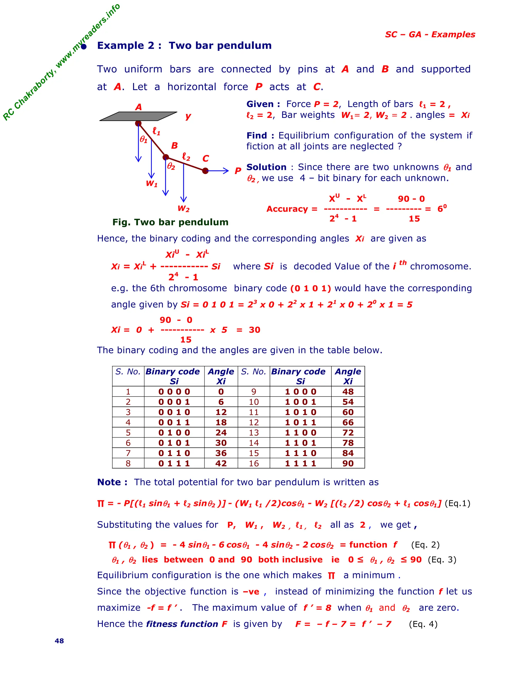 R
C
C
h
a
k
r
a
b
o
r
t
y
,
w
w
w
.
m
y
r
e
a
d
e
r
s
.
i
n
f
o
SC – GA - Examples
• Example 2 : Two bar pendulum
Two uniform bars are connected by pins at A and B and supported
at A. Let a horizontal force P acts at C.
Fig. Two bar pendulum
Given : Force P = 2, Length of bars ℓ1 = 2 ,
ℓ2 = 2, Bar weights W1= 2, W2 = 2 . angles = Xi
Find : Equilibrium configuration of the system if
fiction at all joints are neglected ?
Solution : Since there are two unknowns θ1 and
θ2 , we use 4 – bit binary for each unknown.
XU
- XL
90 - 0
Accuracy = ----------- = --------- = 60
24
- 1 15
Hence, the binary coding and the corresponding angles Xi are given as
XiU
- XiL
Xi = Xi
L
+ ----------- Si where Si is decoded Value of the i th
chromosome.
24
- 1
e.g. the 6th chromosome binary code (0 1 0 1) would have the corresponding
angle given by Si = 0 1 0 1 = 23
x 0 + 22
x 1 + 21
x 0 + 20
x 1 = 5
90 - 0
Xi = 0 + ----------- x 5 = 30
15
The binary coding and the angles are given in the table below.
S. No. Binary code
Si
Angle
Xi
S. No. Binary code
Si
Angle
Xi
1 0 0 0 0 0 9 1 0 0 0 48
2 0 0 0 1 6 10 1 0 0 1 54
3 0 0 1 0 12 11 1 0 1 0 60
4 0 0 1 1 18 12 1 0 1 1 66
5 0 1 0 0 24 13 1 1 0 0 72
6 0 1 0 1 30 14 1 1 0 1 78
7 0 1 1 0 36 15 1 1 1 0 84
8 0 1 1 1 42 16 1 1 1 1 90
Note : The total potential for two bar pendulum is written as
∏ = - P[(ℓ1 sinθ1 + ℓ2 sinθ2 )] - (W1 ℓ1 /2)cosθ1 - W2 [(ℓ2 /2) cosθ2 + ℓ1 cosθ1] (Eq.1)
Substituting the values for P, W1 , W2 , ℓ1 , ℓ2 all as 2 , we get ,
∏ (θ1 , θ2 ) = - 4 sinθ1 - 6 cosθ1 - 4 sinθ2 - 2 cosθ2 = function f (Eq. 2)
θ1 , θ2 lies between 0 and 90 both inclusive ie 0 ≤ θ1 , θ2 ≤ 90 (Eq. 3)
Equilibrium configuration is the one which makes ∏ a minimum .
Since the objective function is –ve , instead of minimizing the function f let us
maximize -f = f ’ . The maximum value of f ’ = 8 when θ1 and θ2 are zero.
Hence the fitness function F is given by F = – f – 7 = f ’ – 7 (Eq. 4)
48
W2
W1
y
A
θ2
θ1
ℓ2
B
C
P
ℓ1
 