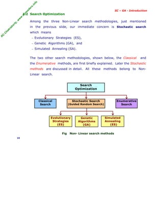 R
C
C
h
a
k
r
a
b
o
r
t
y
,
w
w
w
.
m
y
r
e
a
d
e
r
s
.
i
n
f
o
SC – GA - Introduction
1.2 Search Optimization
Among the three Non-Linear search methodologies, just mentioned
in the previous slide, our immediate concern is Stochastic search
which means
− Evolutionary Strategies (ES),
− Genetic Algorithms (GA), and
− Simulated Annealing (SA).
The two other search methodologies, shown below, the Classical and
the Enumerative methods, are first briefly explained. Later the Stochastic
methods are discussed in detail. All these methods belong to Non-
Linear search.
Fig Non- Linear search methods
10
Search
Optimization
Stochastic Search
(Guided Random Search)
Enumerative
Search
Classical
Search
Evolutionary
Strategies
(ES)
Genetic
Algorithms
(GA)
Simulated
Annealing
(ES)
 