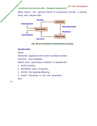 R
C
C
h
a
k
r
a
b
o
r
t
y
,
w
w
w
.
m
y
r
e
a
d
e
r
s
.
i
n
f
o
SC – GA - Introduction
[ continued from previous slide - Biological background ]
Below shown, the general scheme of evolutionary process in genetic
along with pseudo-code.
Fig. General Scheme of Evolutionary process
Pseudo-Code
BEGIN
INITIALISE population with random candidate solution.
EVALUATE each candidate;
REPEAT UNTIL (termination condition ) is satisfied DO
1. SELECT parents;
2. RECOMBINE pairs of parents;
3. MUTATE the resulting offspring;
4. SELECT individuals or the next generation;
END.
19
Parents
Offspring
Population
Recombination
Mutation
Parents
Termination
Initialization
Survivor
 